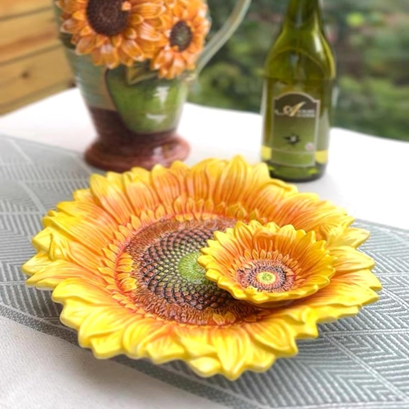 FORLONG Ceramic Chip & Dip Platter,11 inches Double Layer Hand-painted Yellow Decorated Plate -Sunflower - Image 4